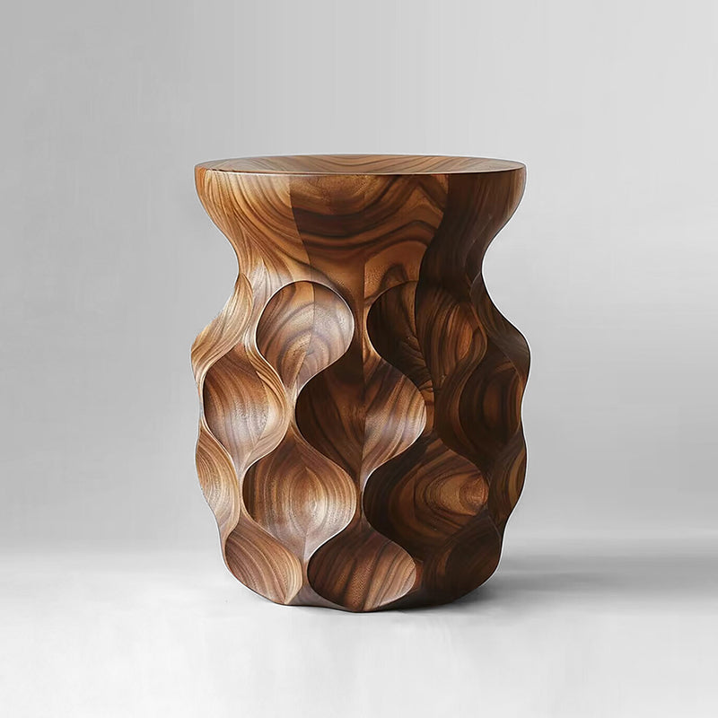 Sculptural walnut wood stool with unique wave pattern, modern home decor.